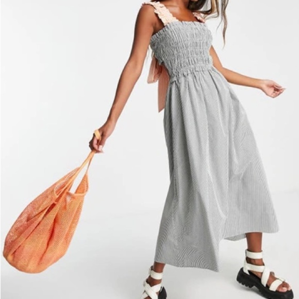 Topshop Grey Pinstripe Midi Dress with pink Straps